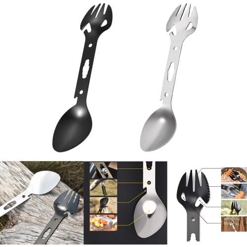Outdoor Tableware Dinnerware Utensil Tools Multi-purpose Spork Camping Fork Spoon Bottle Beer Can Opener for BBQ Picnic Fishing