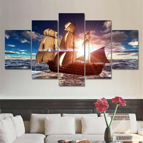 Sea Boat Sunset Ocean Seascape Poster 5pcs Modern Home Wall Decor Canvas Picture Art HD Print Painting On Canvas for Living Room