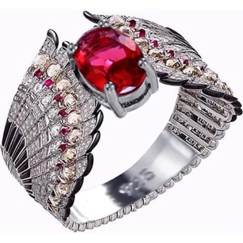 Luxury Angel Wings Cubic Zirconia Ring Silver Color Engagement Rings for Women Rose Red Crystal Birthstone Ring Accessories