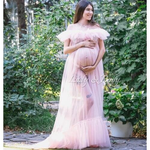 Pink Off Shoulder Maternity Dresses Tulle Pregnant Women Gown for Photoshoot Boudoir Lingerie Bathrobe Nightwear Baby Shower