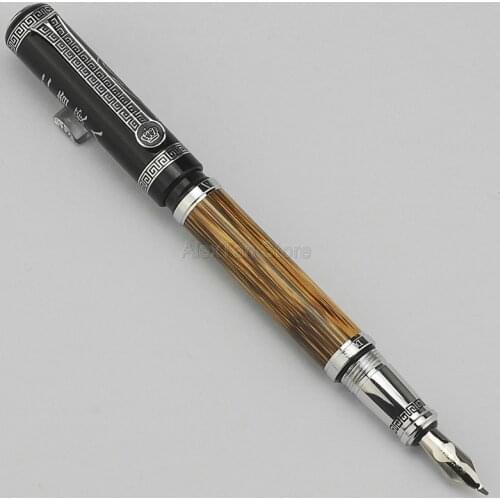 Duke Ancient Confucius Natural Bamboo Metal Embossed Pattern Bent Nib Calligraphy Fountain Pen Iridium 1.2mm For Collection
