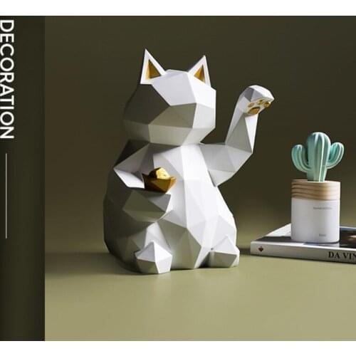 Nordic Creative Abstract Geometric Fortune Cat Figurines Statues Modern Art Animal Sculptures for Home Desk Decoration