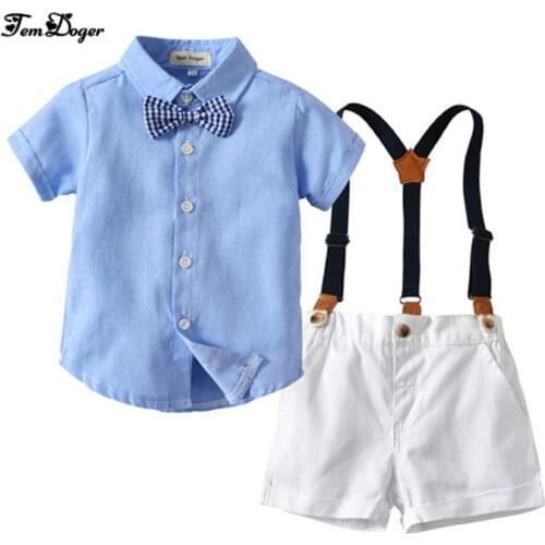 Tem Doger Baby Boy Clothing Sets Summer Infant Newborn Boy Clothes Short Sleeve Tie Shirts+Overalls 2PCS Outfits Bebes Boys Suit