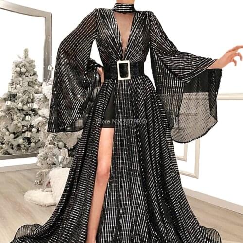 A-Line Black V-Neck Sash Long Evening Dress Floor-Length Metal Spraying Women Dress Tulle The Skirt Split Prom Dress Formal