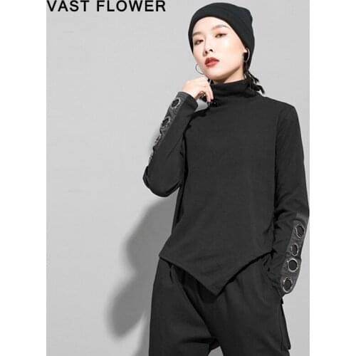 Black Hollow Out Irregular T Shirt Women New Stand Collar Long Sleeve Fashion Loose Casual Tee Tops Clothes 2021 Spring Autumn