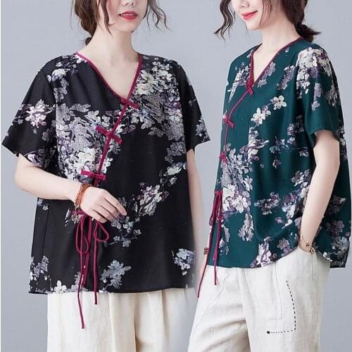 Women Chinese Traditional Clothes 2021 Summer New Linen Shirt Vintage Floral Print Tops Ladies Fashion Casual Loose Hanfu