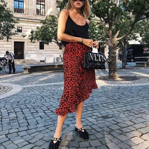 Women Summer Red Casual High Waist Midi Skirts 2021 Leopard Long Skirt Female Office Ruffle Animal Print Skirts Streetwear Pop