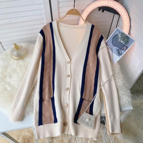 Women Autumn New Single Breasted V Neck Button Striped Patchwork Cardigan Sweater Knitted Loose Oversized Jumper Top Jacket Coat