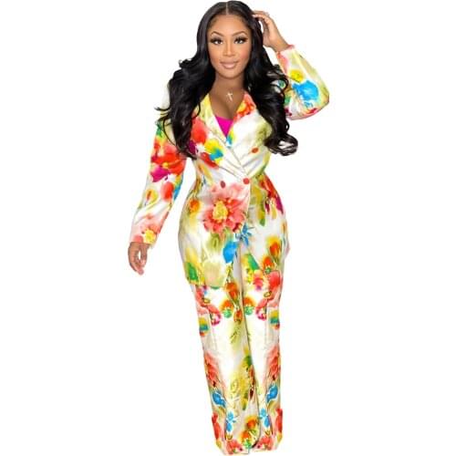 New womens two piece printed blazer suit coat wide leg pants two piece set autumn outfits