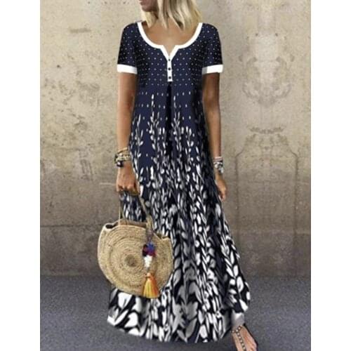 Women Elegant Long Dress Single-Breasted V-neck Ladies Vintage Button Casual Maxi Dress Boho Print Party Dresses 2020