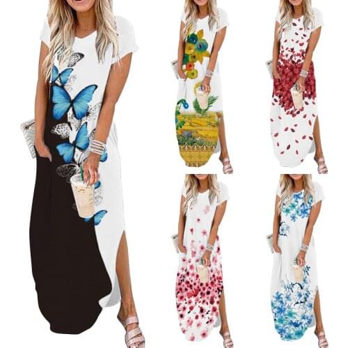 White Striped Printed Loose Women Robe Summer Dress Short Sleeve V-neck Big Swing Long Dress Pocket Plus Size Women Dress S-5XL