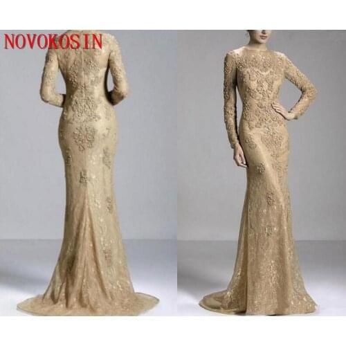 Champagne 2018 Evening Dresses Lace Long Sleeves Illusion Appliques Beading Mermaid Custom For Women Prom Party Mother Gown