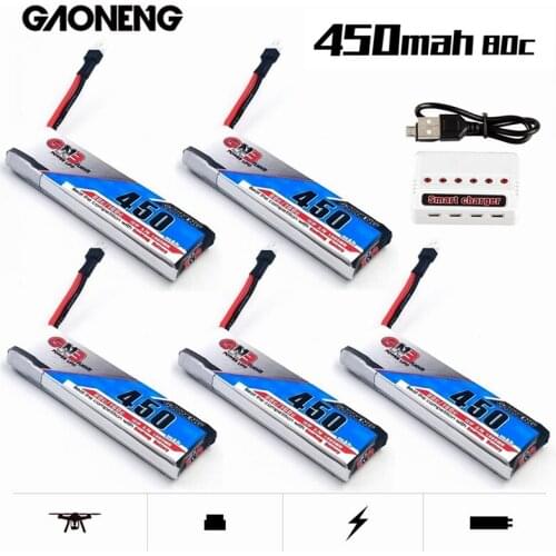 Gaoneng GNB 1S 3.7V HV LiPo Battery 450mAh 80C MAX 160C For RC Quadrotor Airplane FPV Racing Drone Parts With 6in1 Charger