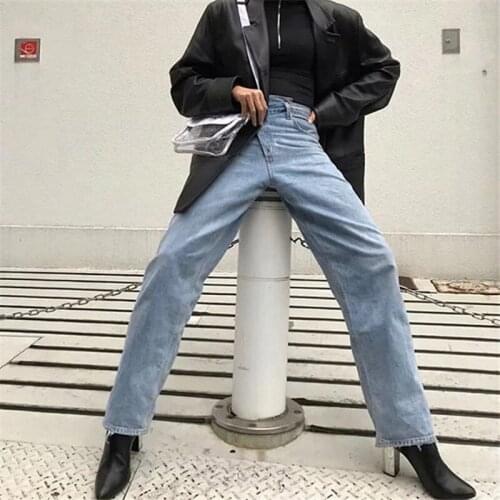 Jeans Women Ins Hot Sale Irregular High Waist Denim Trousers Casual Loose Wide Leg Daddy Pants Women Light Blue Mom Jeans