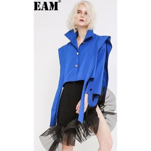 [EAM] Loose Fit Blue Ribbon Short Big Size Jacket New Lapel Long Sleeve Women Coat Fashion Tide Spring Autumn 2021 JH360