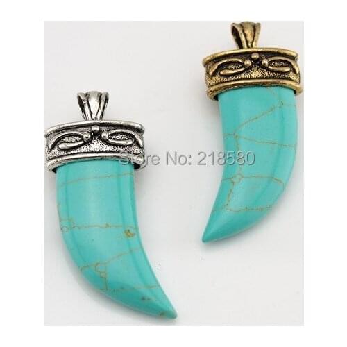 H-C03HT1048 Light Turquuoise Stone Horn Tusk Pendant Charm with Antique Gold Or Antique Silver Cap