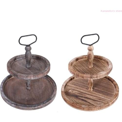HX6D Round Double Layer Wooden Cake Stand Holder with Metal Handle Dessert Table Tray Cupcake Display Rack Birthday Wedding Bar