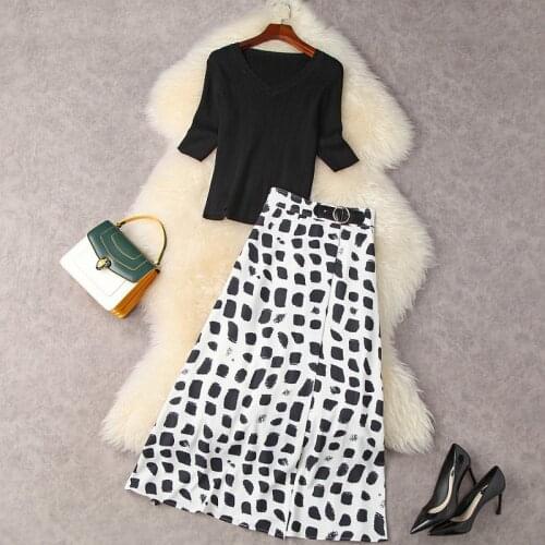 Skirt Suits 2021 Summer Womens V-Neck Stretch Slim Knit Sweater + High Waist Over The Knee Print Skirt Two-Piece Set S-XL