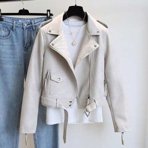 New Women Faux Leather Jacket Spring Autumn Long Sleeve Turn Down Collar Biker Moto Coats Ladies with Belt Overcoat Female Tops