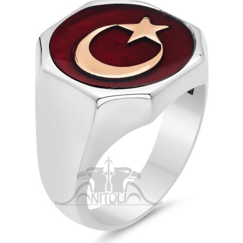 Silver Turkish Flag Crescent Star Mens Ring