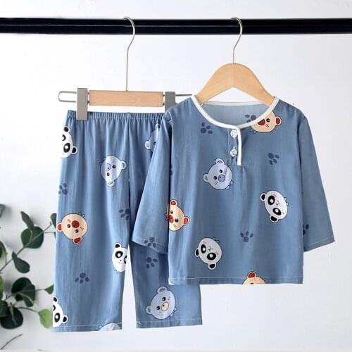 New 2021 Kids Boys Girls Summer Pajama Sets Cartoon O-Neck Breathable T-Shirt Tops with Pants Baby Toddler Sleeping Clothes Set