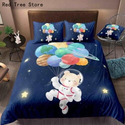 Bear Astronaut In Outer Space Duvet Cover Comforter Cartoon Animal Balloon Print Bedding Set for Kids Baby Girl Gift Bedspreads