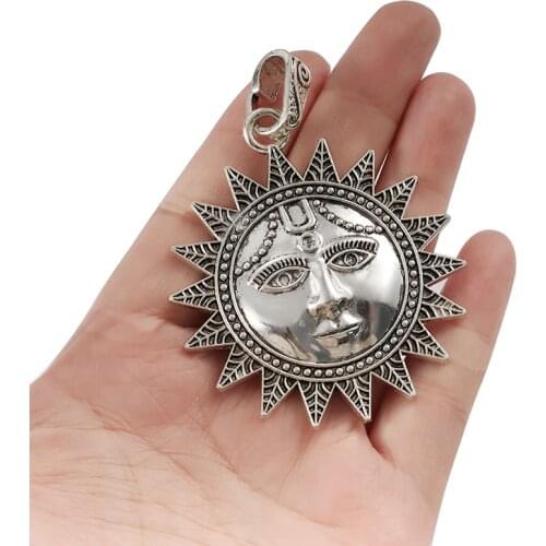 2 Pcs Tibetan Silver Large Sun Face Charm Pendant with Bail Connector for Necklace Jewelry Accessorices Findings