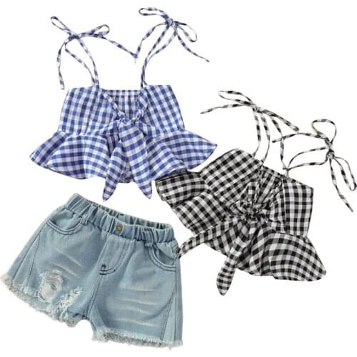 Baby Girls Casual Camisole + Denim Shorts, Bow Straps Ruffle Decoration Plaid Printing Summer Clothing Set, 1-6Years