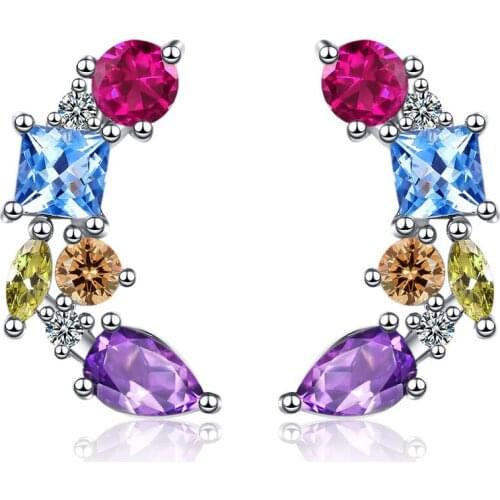 925 Silver Plated Stud Earrings Personality Fashion Color Zircon C-shaped Half Ring Stud Earrings Womens Girls Earrings Jewelry