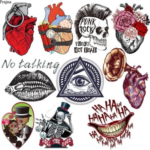 Prajna Punk Skull Patch Hippie Heart Bomb Iron On Transfers For Clothing Alien Thermal Stickers On Clothes DIY Applique Washable