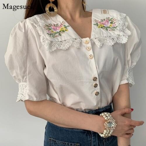 Vintage Casual Short Puff Sleeve Blouses Floral Embroidery Women Shirt Turn-down Collar Korean Lace Tops Lady Blusas Mujer 13666