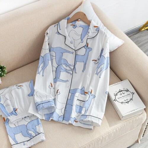 Women Spring Pajamas Long Sleeve Lapel Sleepwear Cotton Cute Cartoon Loungewear Home Clothes Two Piece Suit Casual Loose Pyjamas