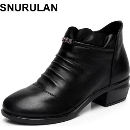 SNURULAN Elegant Comfort Rhinestone Cowhide Leather Shoes Woman Boots 2018 New Autumn Winter Warm Snow Boots Wome Ankle Boots