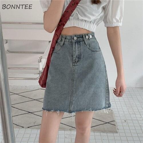 Skirts Women Students Blue All-match Button Street Style Large Size Simple Female 2021 Solid Empire Summer Ulzzang Loose Fashion