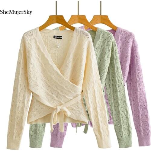 SheMujerSky Women Knitted Loose Elastic Sweaters 2021 Autumn Winter Beige Long Sleeve Criss-cross Sweater With Sashes
