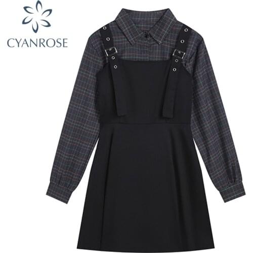 Women Black Mini Suspender Dress Long Sleeve Super-Short Plaid Shirts 2021 Autumn Streetwear Gothic Punk Girl Two-piece Sets
