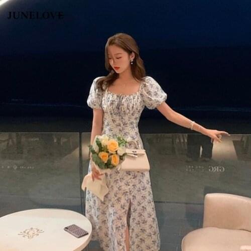 JuneLove Square Collar Floral Print Dress Women Elegant Vintage Dress Korea Style Beach Midi Dress Office Lady 2021 Summer Chic