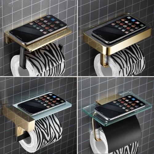 Gold Bathroom Roll Paper Holder Soild Brass & Leather/Glass Bath Mobile Phone Towel Rack Toilet Tissue Shelf Wall Mounted