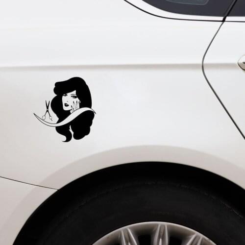 13.2CM*13.7CM Fashion Beauty Salon Sexy Girl Barber Hair Vinyl Black/Silver Car Sticker C22-0275