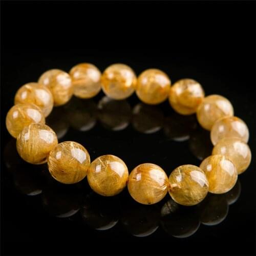 16mm Brazil Natural Rutilated Quartz Crystal Round Bead Stretch Charm Bracelets For Women