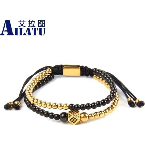 Ailatu Luxury Irregular Geometric Faced CZ Rivet Braiding Bracelets With Double Roll Stainless Steel Beads Top Quality