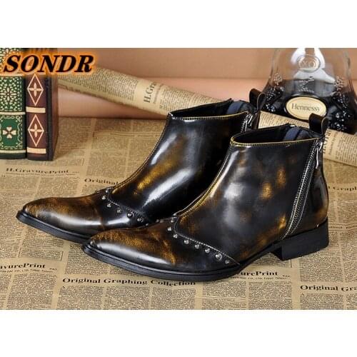 Winter Genuine Leather Chelsea Boots Men Rivets Classic Ankle Boots Pointed Toe Male Casual Motorcycle Shoes Zapatos De Hombre