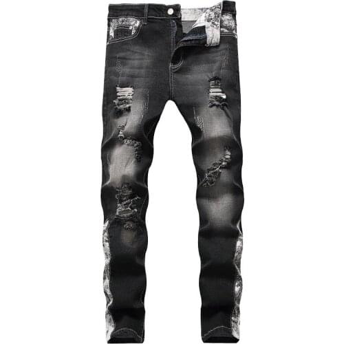 Black blue high quality mens jeans large size mens hole straight stretch jeans explosion trend mens pants