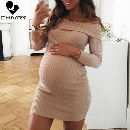 Chivry 2020 Pregnant Women Pregnancy Dress Casual Long Sleeve Slash Neck Solid Mini Dress Nursing Maternity Clothing Dresses