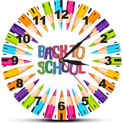 Student Colorful Colored Pencil Back To School Wall Clock Art Studio Decor Quartz Watch Reloj De Pared Acrylic Printing Satt