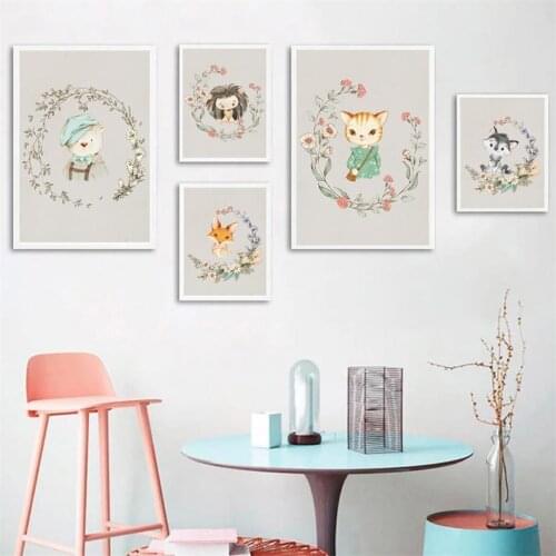 Flowers Fox Raccoon Deer Cat Bear Hedgehog Wall Art Canvas Painting Nordic Posters And Prints Wall Pictures Baby Kids Room Decor