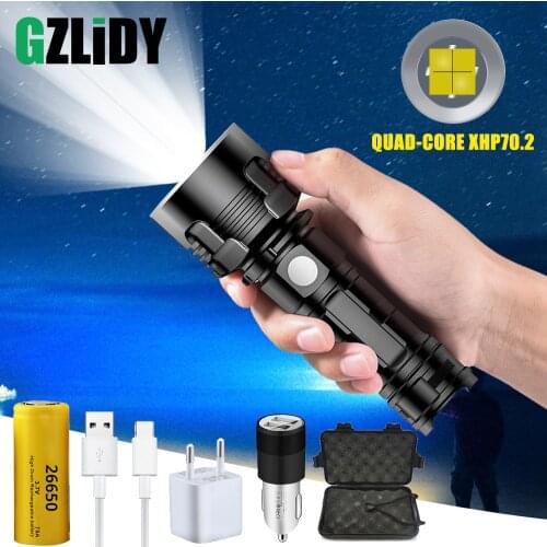 Ultra Bright LED Flashlight Quad Core XHP70.2 Waterproof Tactical Torch 3 Lighting Modes USB Rechargeable Camping Hunting Lights