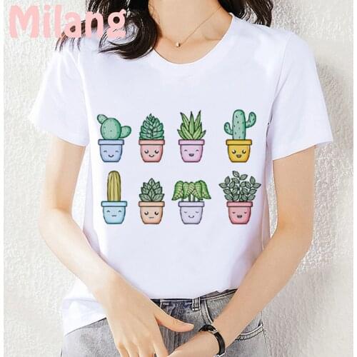 Cactus Plant Trend Graphic Mujer Camisetas White Tops T Shirts Summer Aesthetics Graphic Short Sleeve Polyester T Shirts