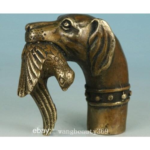 Chinese Old China Old BRASS Hand Carved Dog Bitten Birds Statue Cane Walking Stick Collect decoration BRASS factory outlets