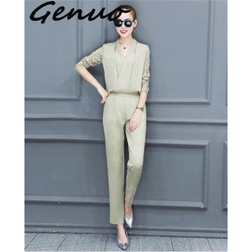 Genuo Fashion New 2019 Women 2 Piece Set Women Suit Female Long Sleeve Lace Work Clothes Trousers Two-Piece Sets Foot Trousers